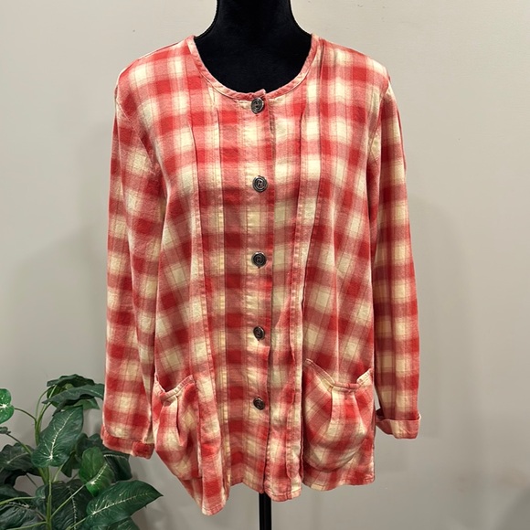 Flax Cotton Brick Red and Yellow Plaid Button-Up Tunic w/ Slouch Pockets - Picture 1 of 10